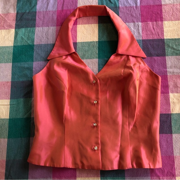 Vintage Pink Orange rhinestone halter Top size 10 Medium 90s - Picture 1 of 16